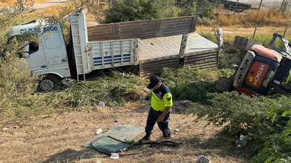 Aydın'da iş makinesi taşıyan kamyonun devrilmesi sonucu 2 kişi yaralandı